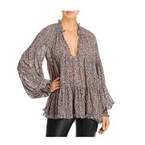 Cinq à Sept Sheer Ruffle Blouse Floral Print Long Sleeve Top Flowy Boho sz Small